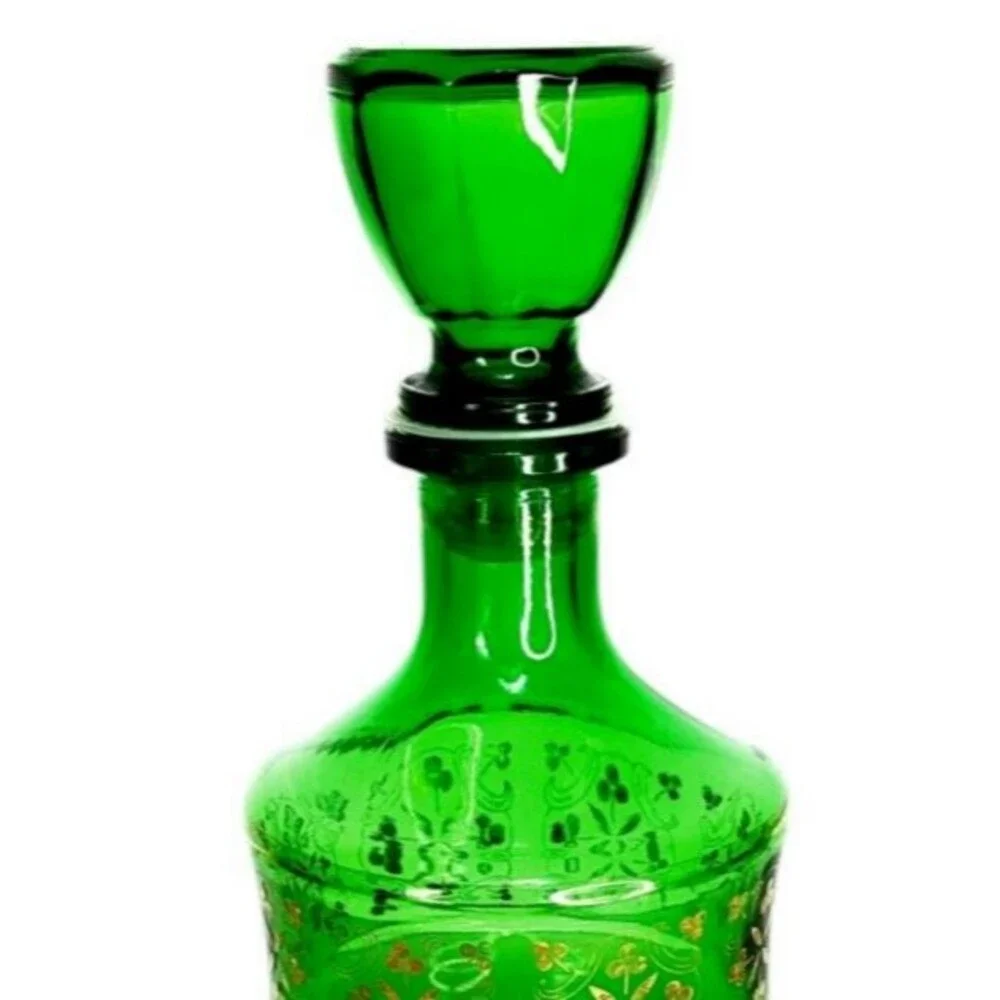VTG MCM 60s JAY Emerald Green Glass Barware Liqueur Decanter 24kt Gold Clovers